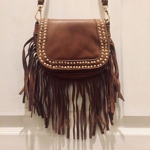 Boho Fringed & Studded Vegan Leather Crossbody Bag